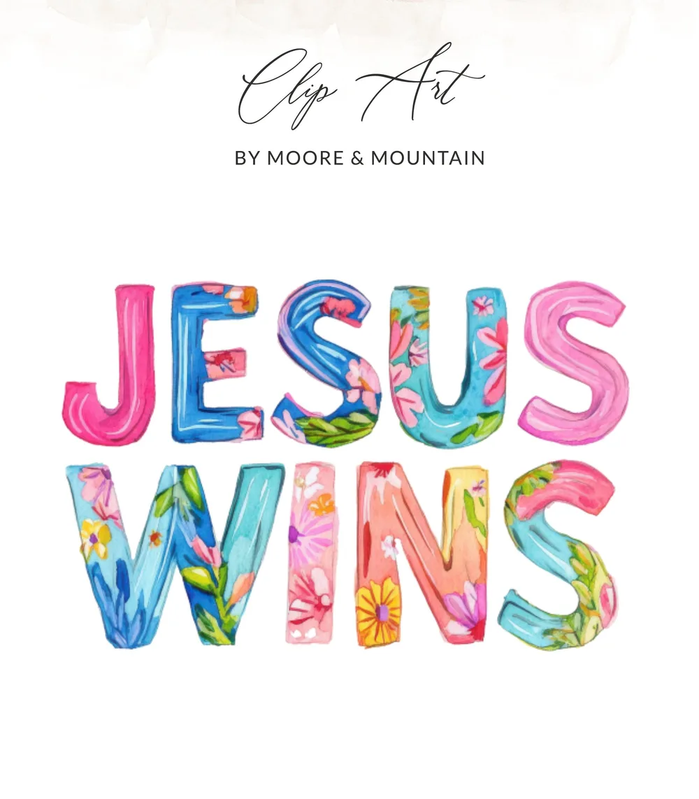 Jesus Wins clip art with floral patterned letters.