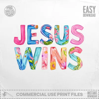 "JESUS WINS" text in colorful watercolor lettering with floral accents.