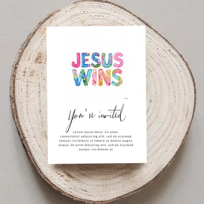 Jesus Wins card with floral letters and "You're invited" text.