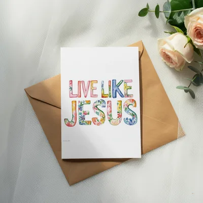 Card with "LIVE LIKE JESUS" in colorful floral letters on brown envelope.