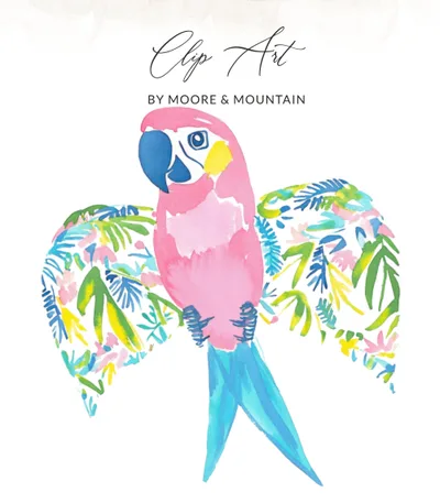 SVG Pink Macaw Watercolor Clipart Digital Download, Preppy Tropical Parrot PNG, Commercial Use SVG, Vibrant Retro Rainbow Graphics, Girly Pop