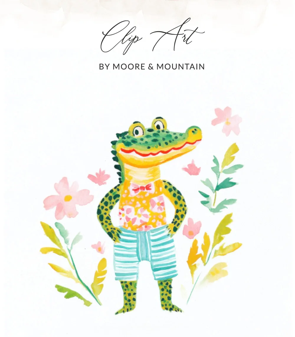 Cartoon alligator in a patterned shirt and striped shorts surrounded by flowers.