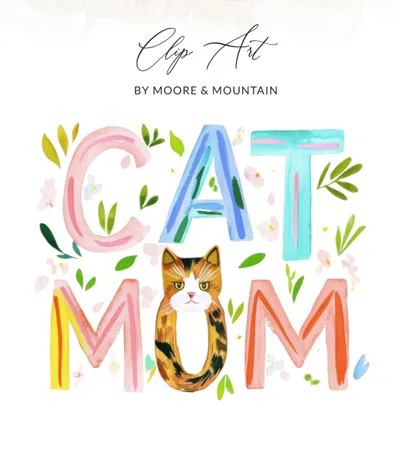 SVG Preppy Cat Mom Calico Painterly SVG, Gouache Style PNG, Watercolor Preppy Graphic, Artsy Girly Clipart, Vibrant Pastel Art Digital