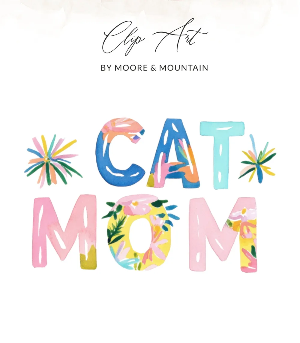 "CAT MOM" text design with colorful floral and firework accents.