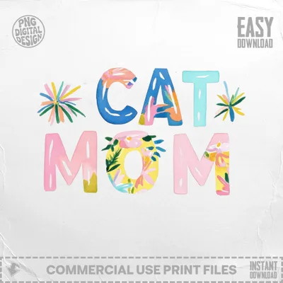 Watercolor text "CAT MOM" with floral and starburst accents.