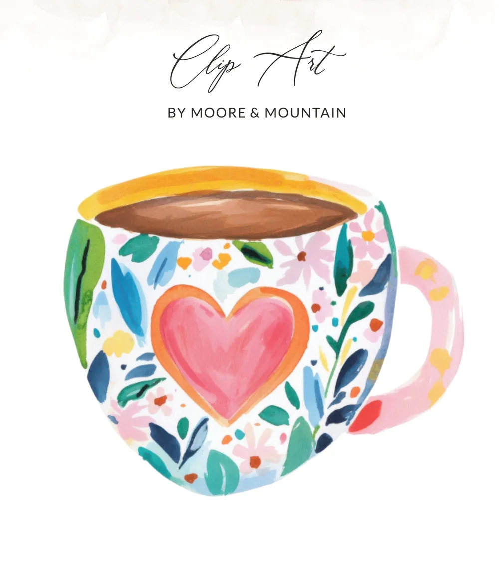 Watercolor coffee mug with a heart design and floral accents.