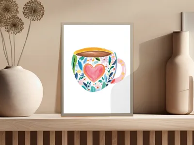 Watercolor mug with floral and heart design on shelf.