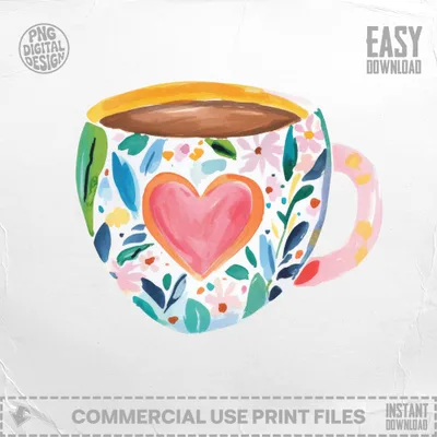 Mug with pink heart and floral watercolor design.
