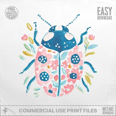 Watercolor ladybug with floral pattern and "Easy Download" text.