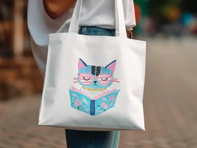 White tote bag featuring a watercolor illustration of a blue cat wearing glasses reading a book.