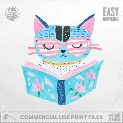 Blue cat wearing pink glasses reads an open book with pink flowers.