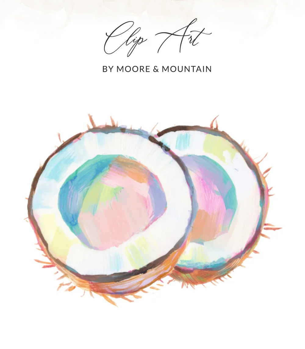 Two colorful, halved coconuts rendered in a painterly style.