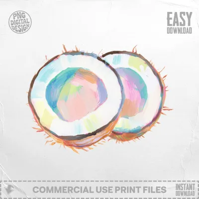 Two halves of a coconut with colorful brushstrokes on a white background.