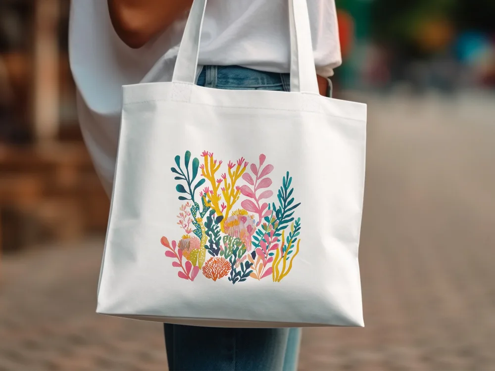 White tote bag with a colorful coral reef illustration.