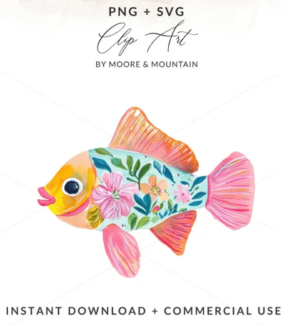 SVG Preppy Fish Clipart PNG, Cute Animal Illustration, Rainbow Pastel Artwork, Printable Sticker File, Sublimation PNG, Cricut SVG Download