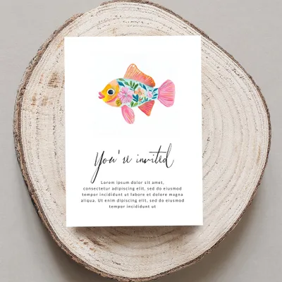 Illustrated pink fish on "You're invited" invitation with placeholder text.