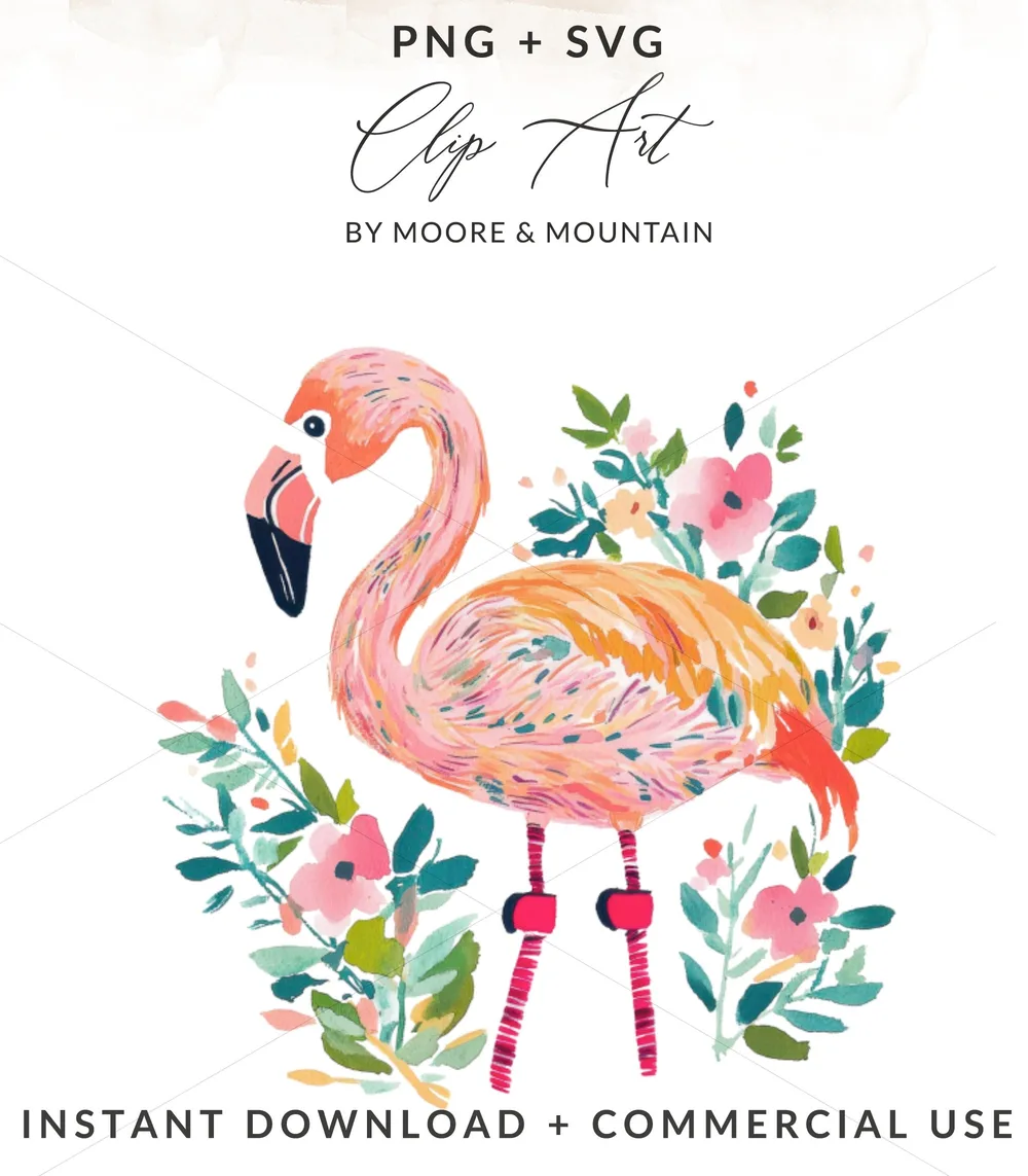 Pink flamingo with floral accents, PNG + SVG, Instant Download.
