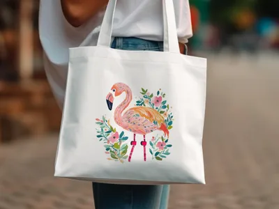 White tote bag with watercolor flamingo and floral design.