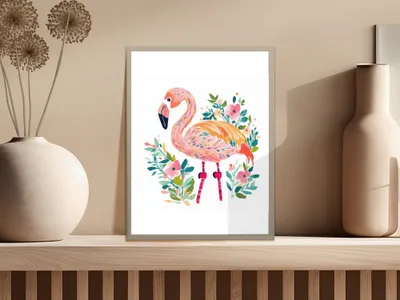 Pink flamingo surrounded by colorful flowers in a framed illustration.