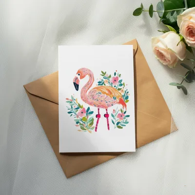 Illustration of a pink flamingo with flowers on a card atop a kraft envelope.