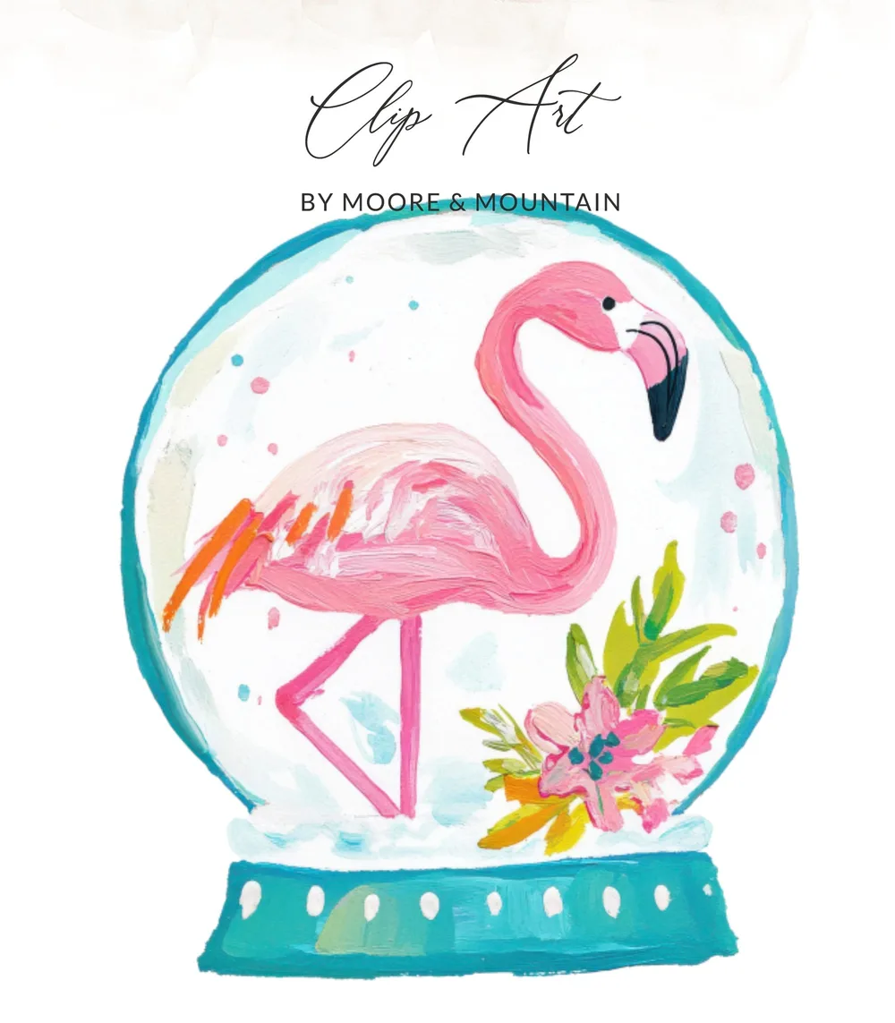 Pink flamingo in a snow globe with flowers, "Clip Art" text.
