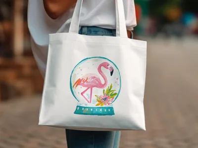 White tote bag with a snow globe featuring a flamingo and flowers.