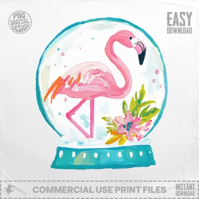 Flamingo in snow globe with floral accents, "Easy Download" text.