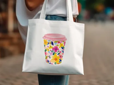 White tote bag with a watercolor floral coffee cup design.