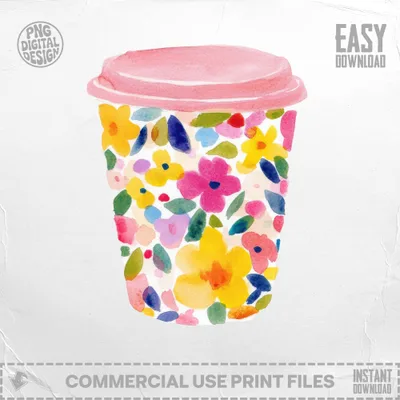 Pink lid coffee cup with colorful floral watercolor pattern.