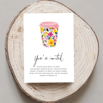 Watercolor floral cup invitation with "You're invited" text.