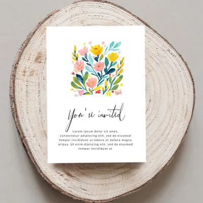 Invitation card with floral illustration and "You're invited" text.