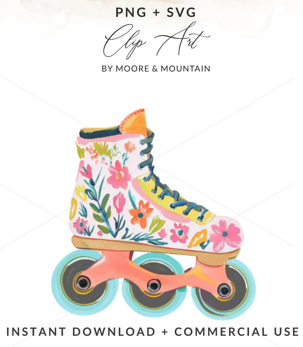 Floral roller skate clip art on white background.