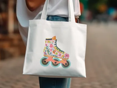 White tote bag with colorful floral roller skate illustration.