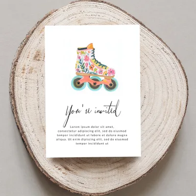 Card with floral roller skate and "You're invited" text.