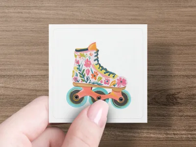 Floral roller skate illustration with teal wheels and pink laces.