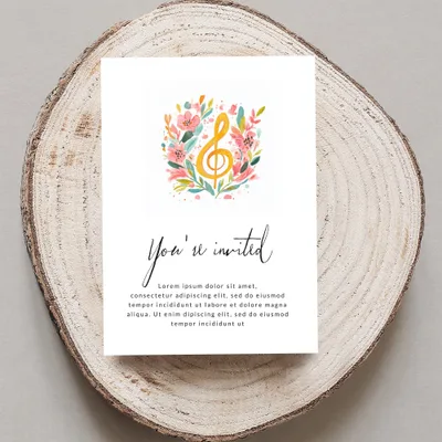 Invitation with floral treble clef and placeholder text.