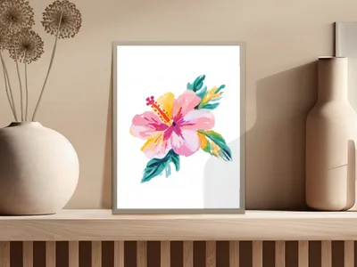 Watercolor painting of a pink hibiscus flower with green leaves.