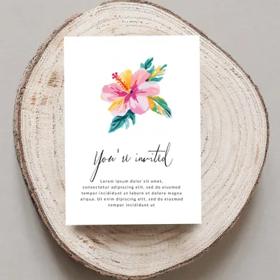 Invitation with hibiscus flower and "You're invited" text.