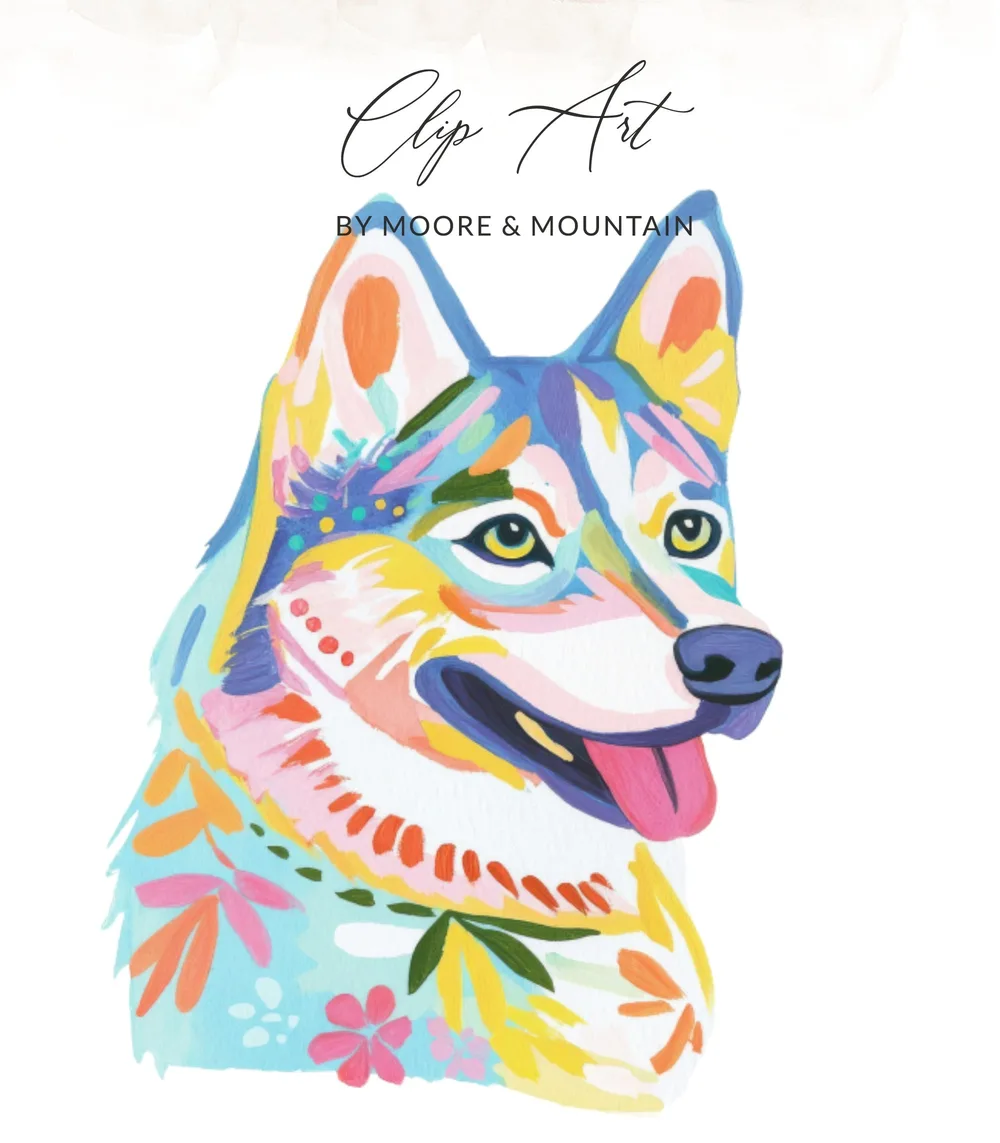 Colorful abstract husky dog with floral accents, "Clip Art by Moore & Mountain" text.