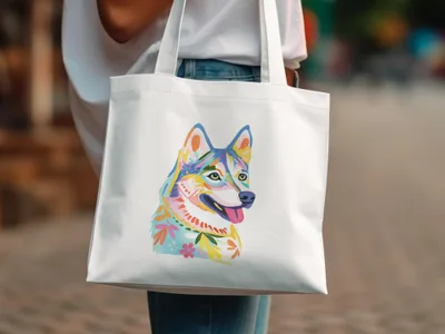 White tote bag with colorful husky dog and floral design.