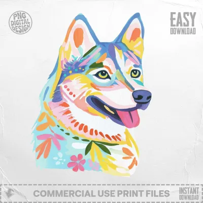 Colorful painted husky head with floral accents, easy download.