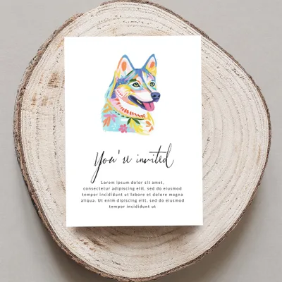 Dog portrait invitation with colorful geometric patterns and placeholder text.
