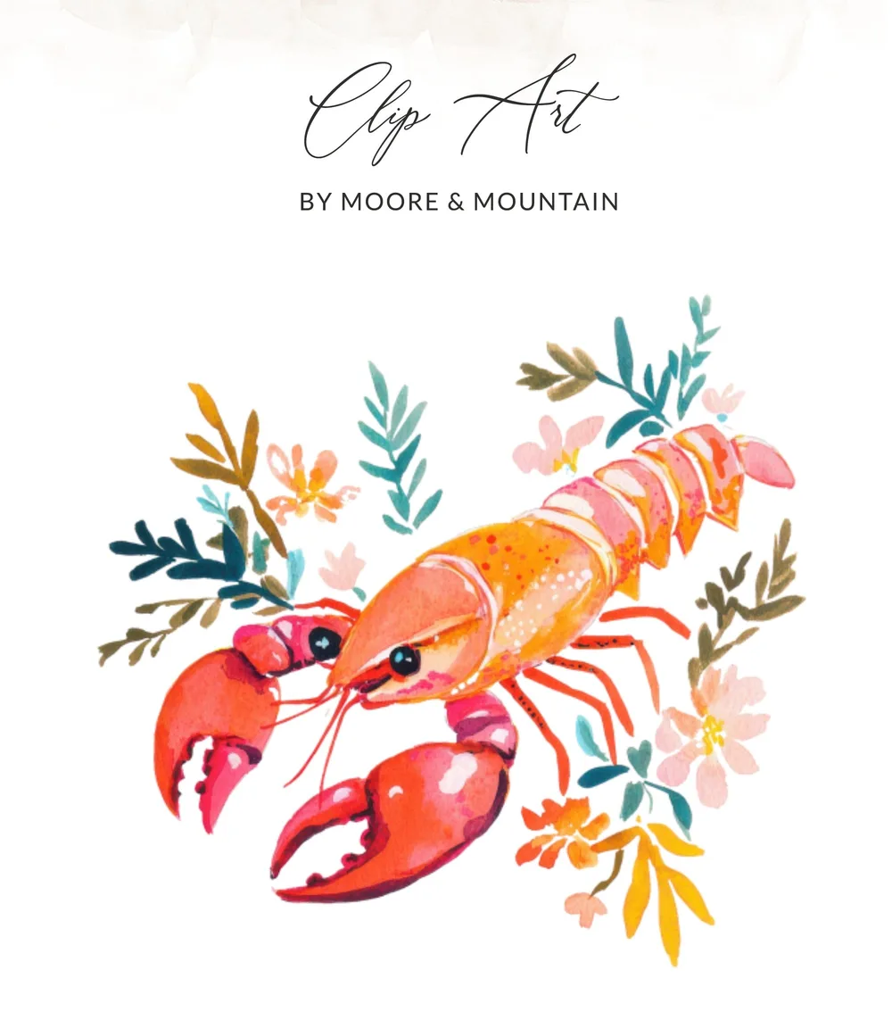 Watercolor lobster with floral and leaf accents, text "Clip Art by Moore & Mountain".