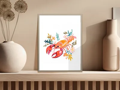 Watercolor lobster illustration with floral accents in a framed print.