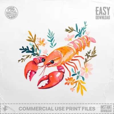 Watercolor lobster with flowers and leaves, "Easy Download" text.