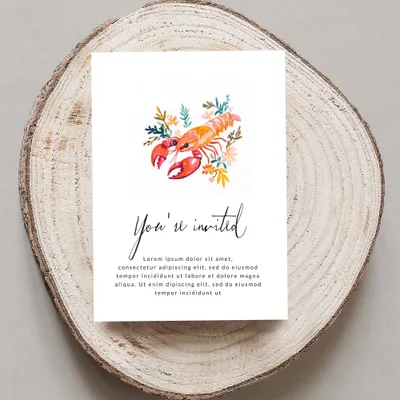 Invitation with a lobster illustration and floral accents, reading "You're invited."