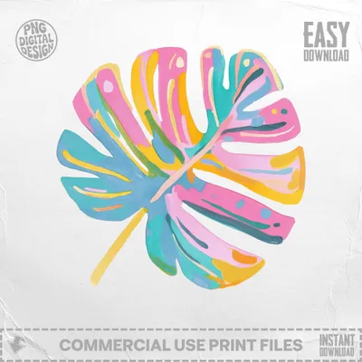 Colorful monstera leaf with "PNG DIGITAL DESIGN" and "EASY DOWNLOAD" text.