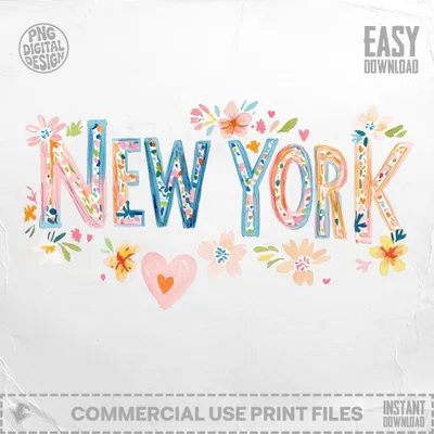 Colorful watercolor "New York" text with floral accents and hearts.