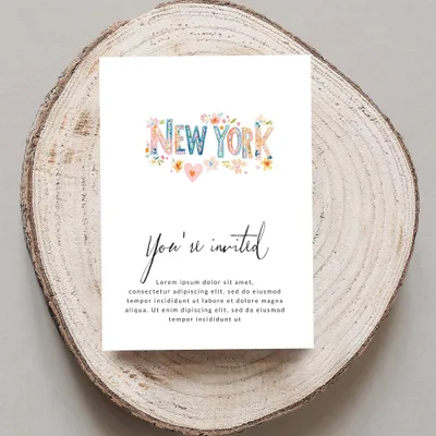 New York invitation card with floral accents and placeholder text.
