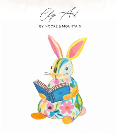 SVG Preppy Painterly Bunny Reading Digital SVG, Hand Painted PNG Clipart, Gouache Style Rabbit Illustration, Vibrant Watercolor Artsy Girly